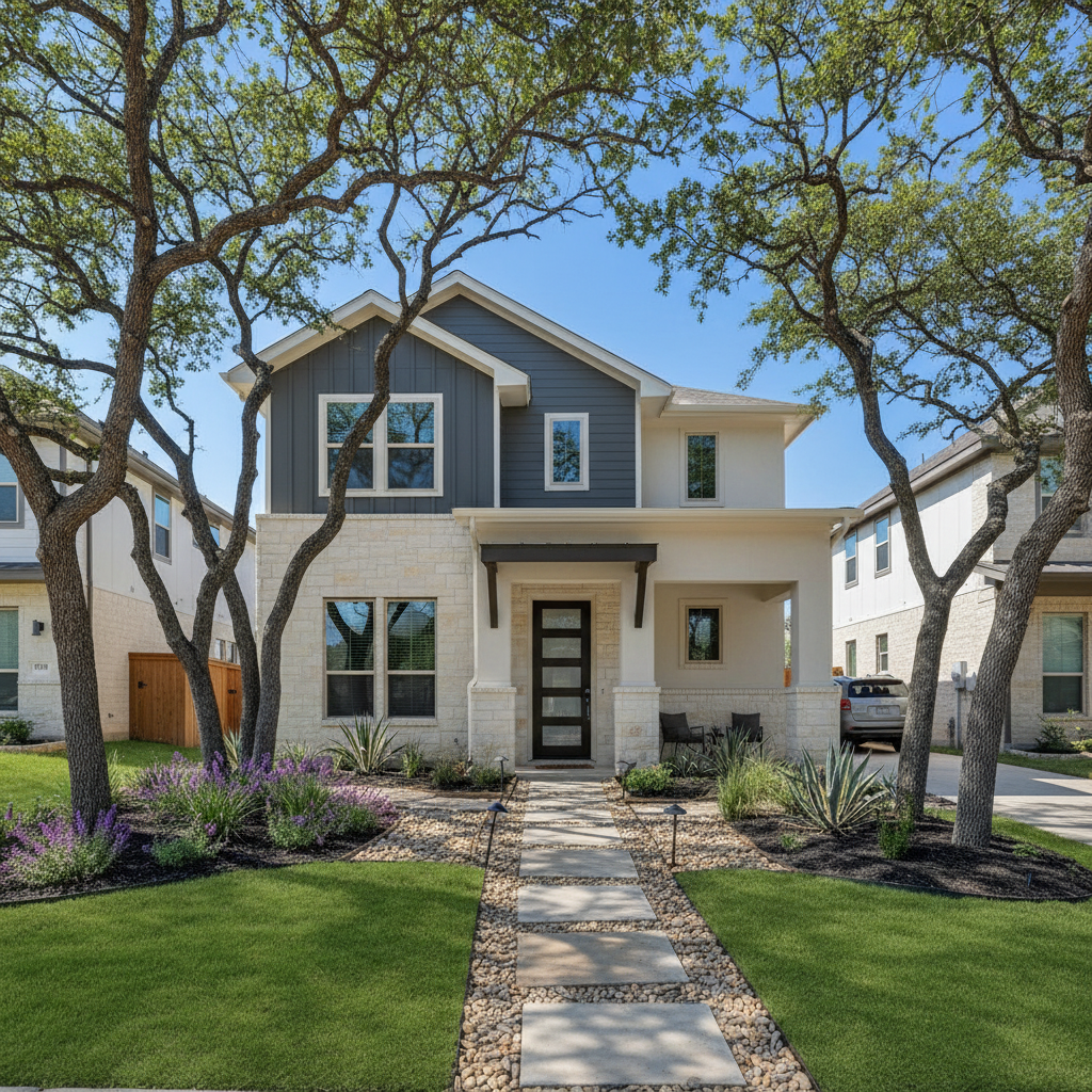 Beautiful North Texas home with freshly painted exterior in warm neutral tones with white trim