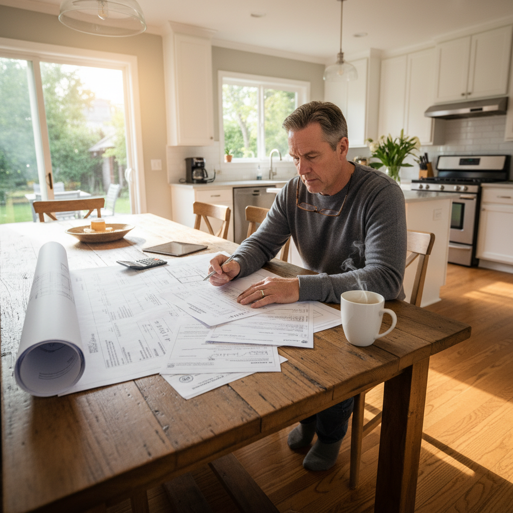 Building permit document alongside a home remodeling project in a DFW neighborhood