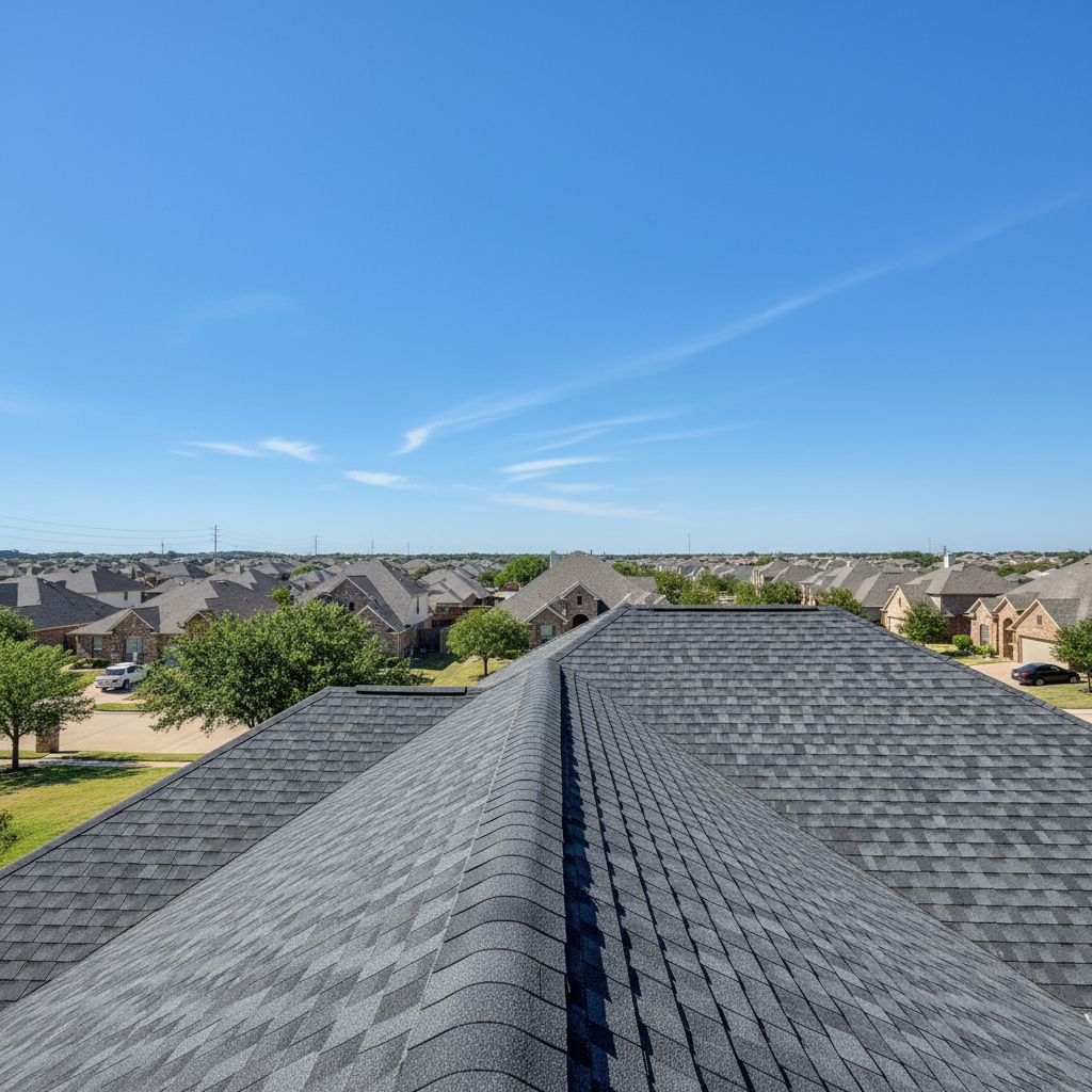 Aerial view of DFW neighborhood rooftops showing various roofing materials in Texas sunlight