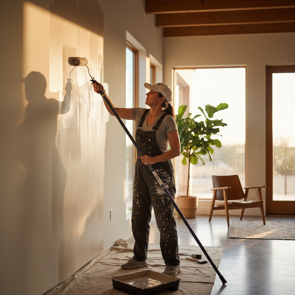 Freshly painted bright living room interior with Texas natural light coming through large windows
