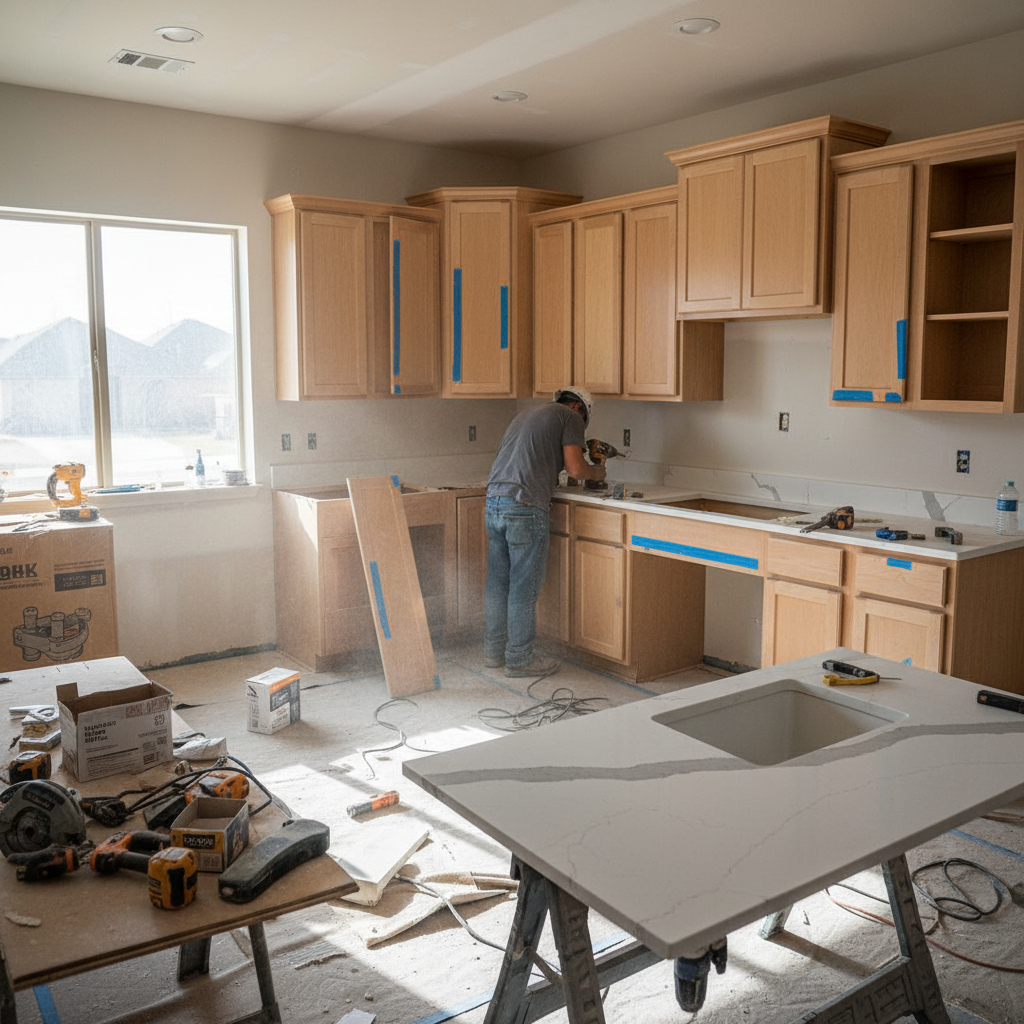 Modern kitchen remodel in progress showing new cabinets being installed in a DFW home