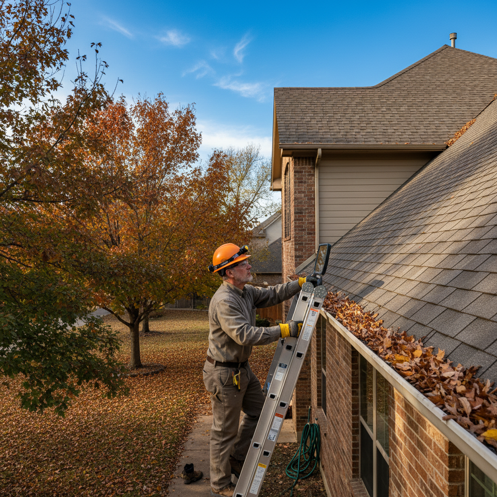 Roofer inspecting shingles on a DFW home during seasonal roof maintenance check