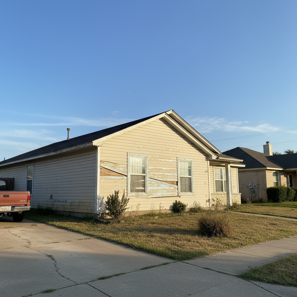Warped and cracked siding on a North Texas home showing visible weather damage