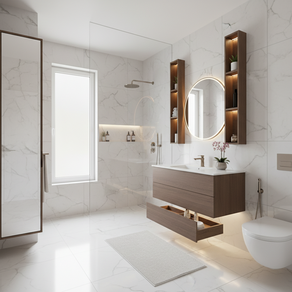 Small bathroom with walk-in shower, floating vanity, and modern tile in a DFW home remodel